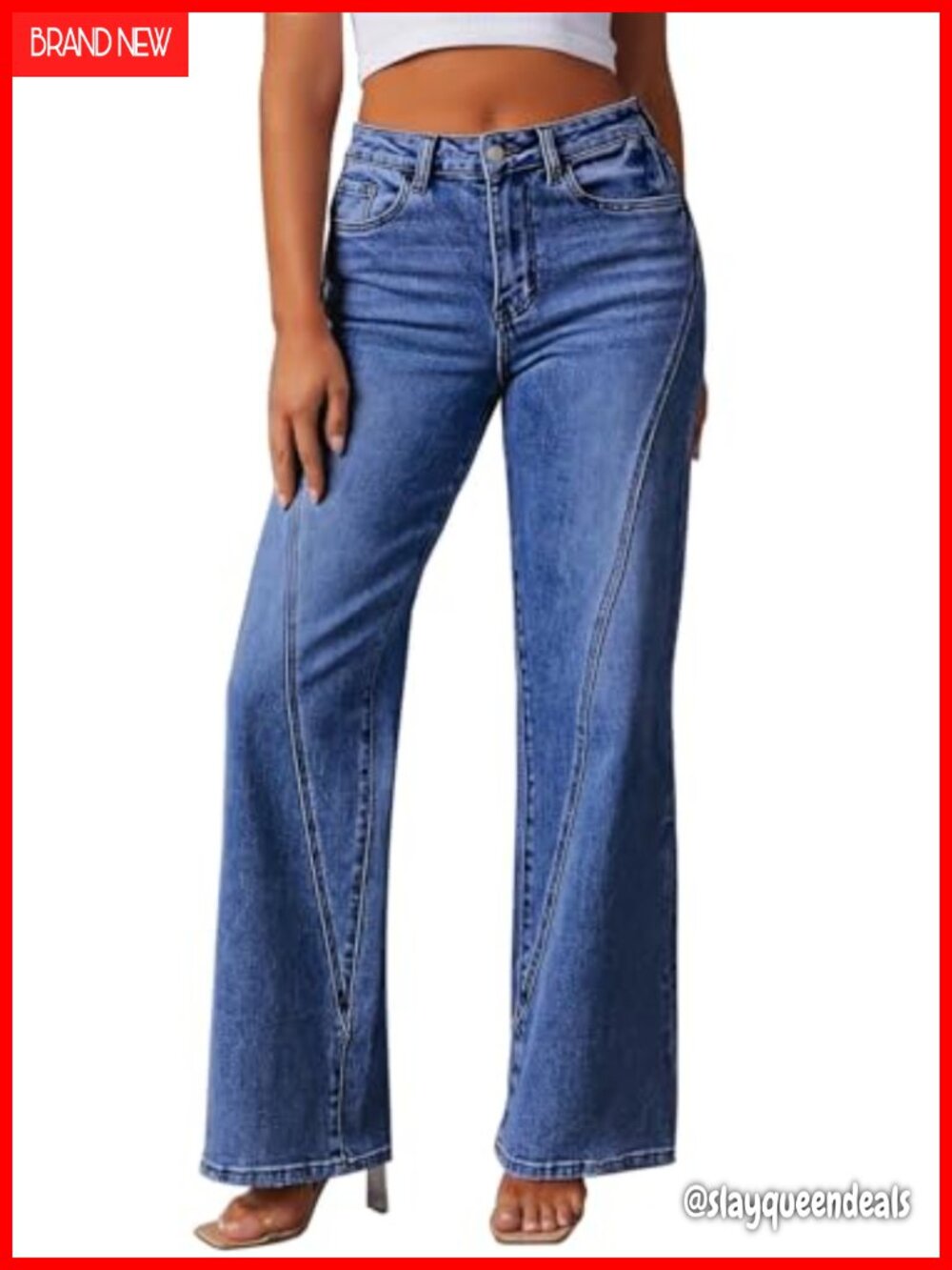 Wide Leg High Waisted Seamed Stretch Denim Pants with Pockets